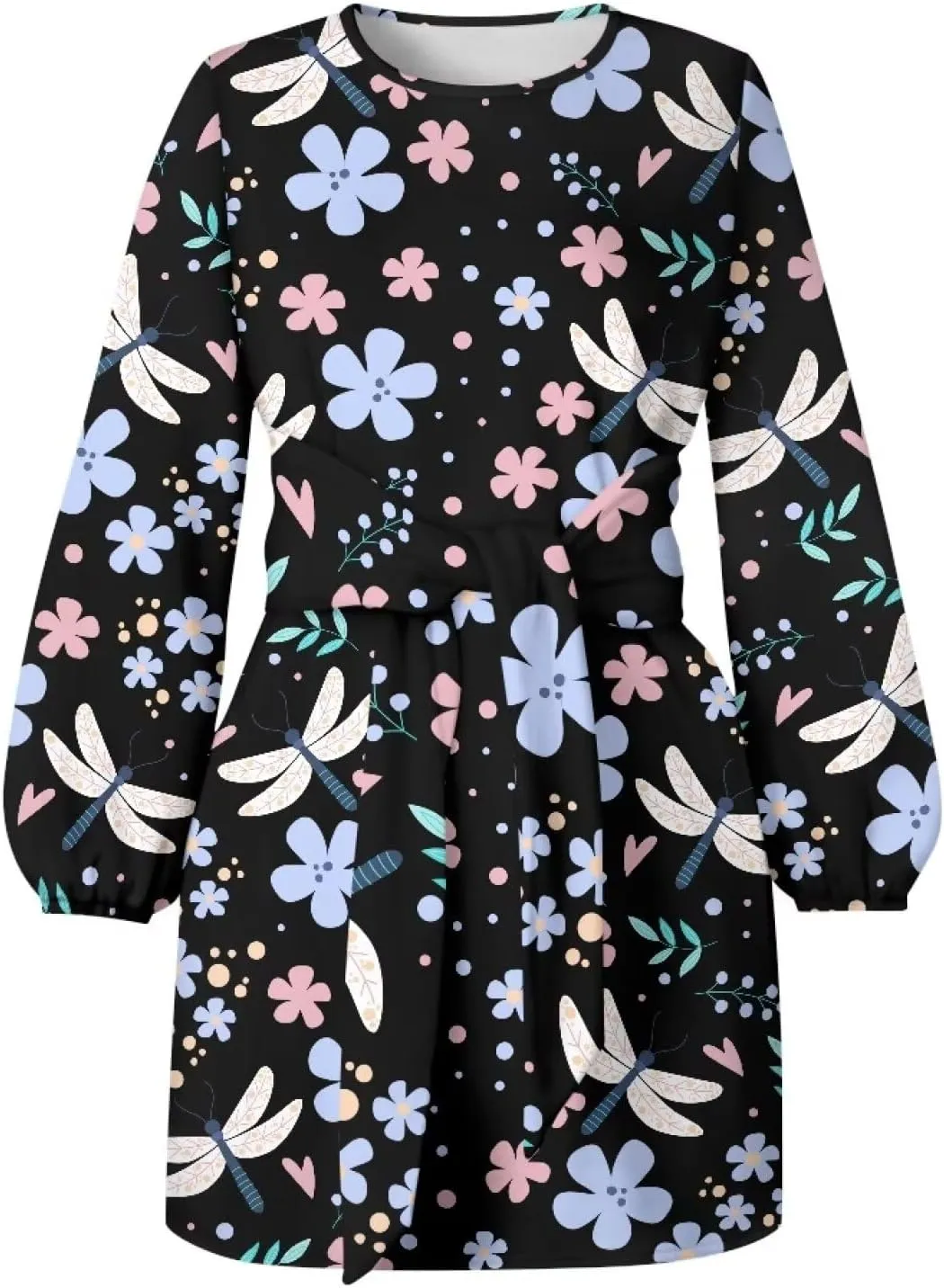 Womens Elegant Long Sleeve Dress Crewneck Tie Waist Ruched Mini Dresses Spring Summer A Line Outfits Casual Shirts