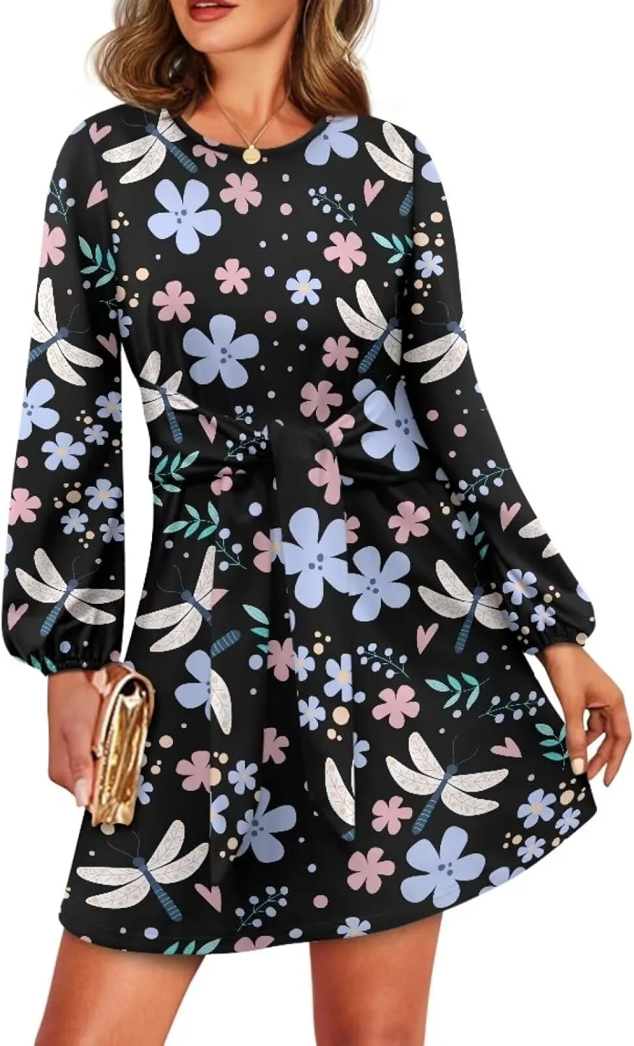 Womens Elegant Long Sleeve Dress Crewneck Tie Waist Ruched Mini Dresses Spring Summer A Line Outfits Casual Shirts