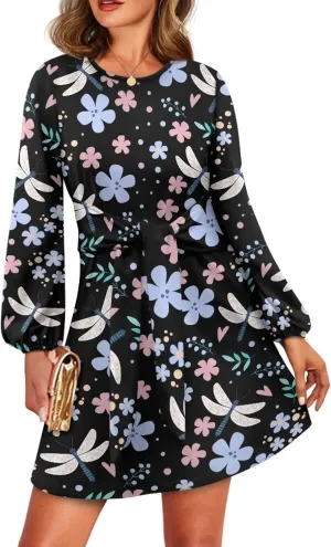 Womens Elegant Long Sleeve Dress Crewneck Tie Waist Ruched Mini Dresses Spring Summer A Line Outfits Casual Shirts
