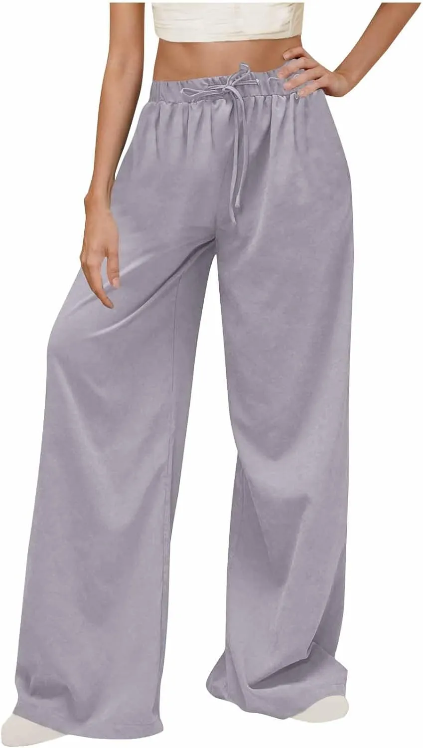 Womens Fashion Linen Pants 2025 Casual Lounge Pant Straight Leg Drawstring Loose Lightweight Trousers with Pockets