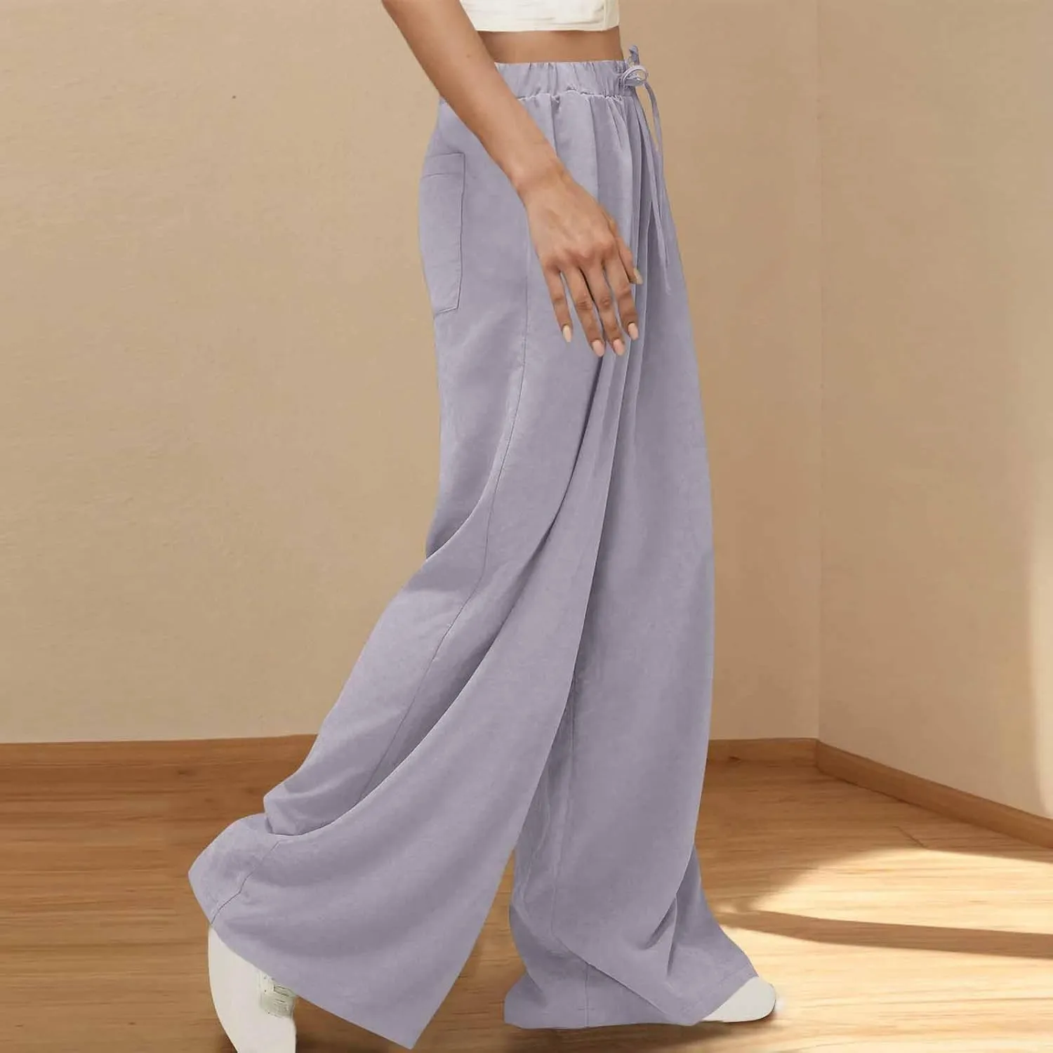 Womens Fashion Linen Pants 2025 Casual Lounge Pant Straight Leg Drawstring Loose Lightweight Trousers with Pockets
