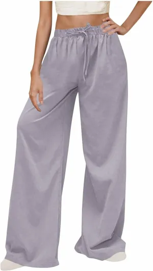 Womens Fashion Linen Pants 2025 Casual Lounge Pant Straight Leg Drawstring Loose Lightweight Trousers with Pockets