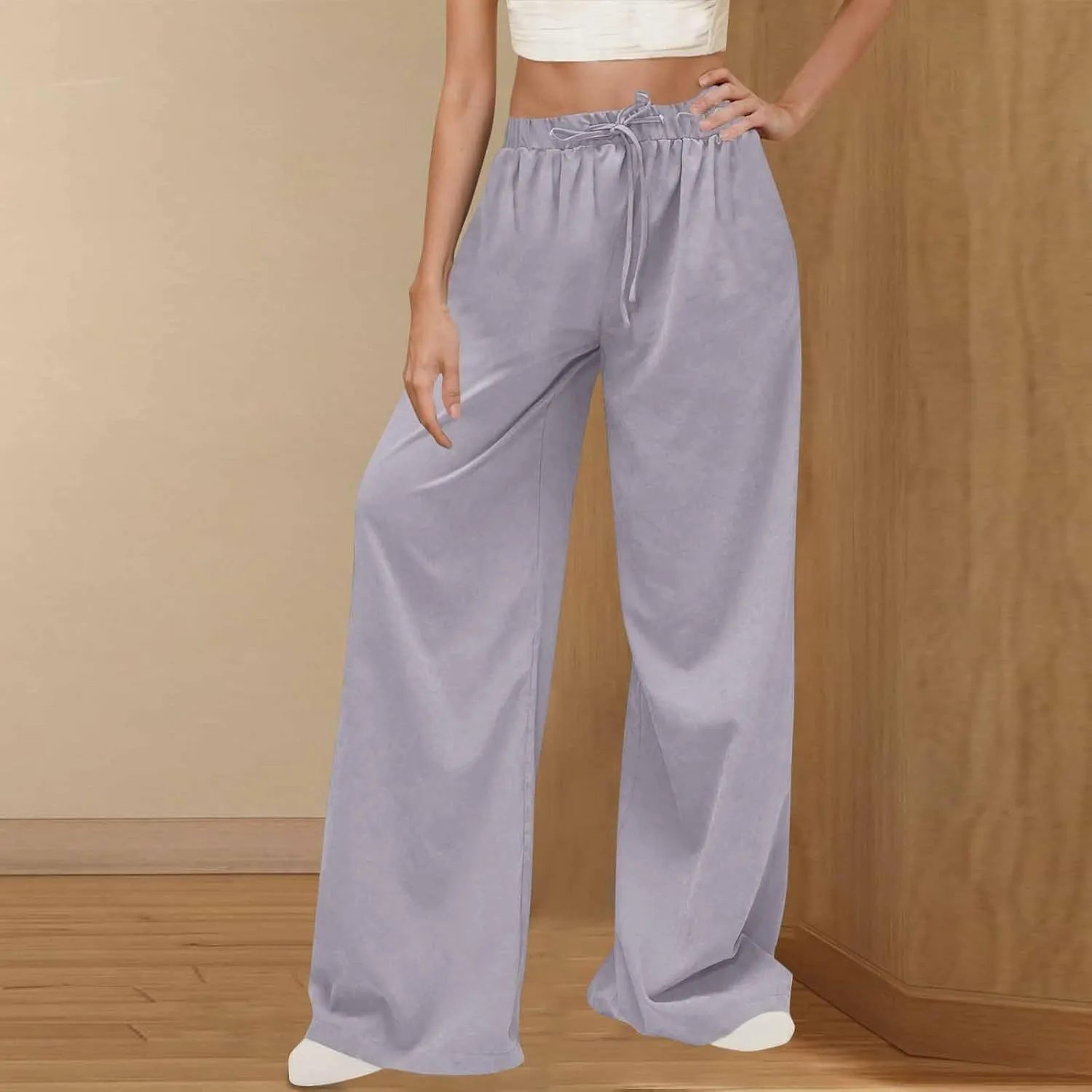 Womens Fashion Linen Pants 2025 Casual Lounge Pant Straight Leg Drawstring Loose Lightweight Trousers with Pockets