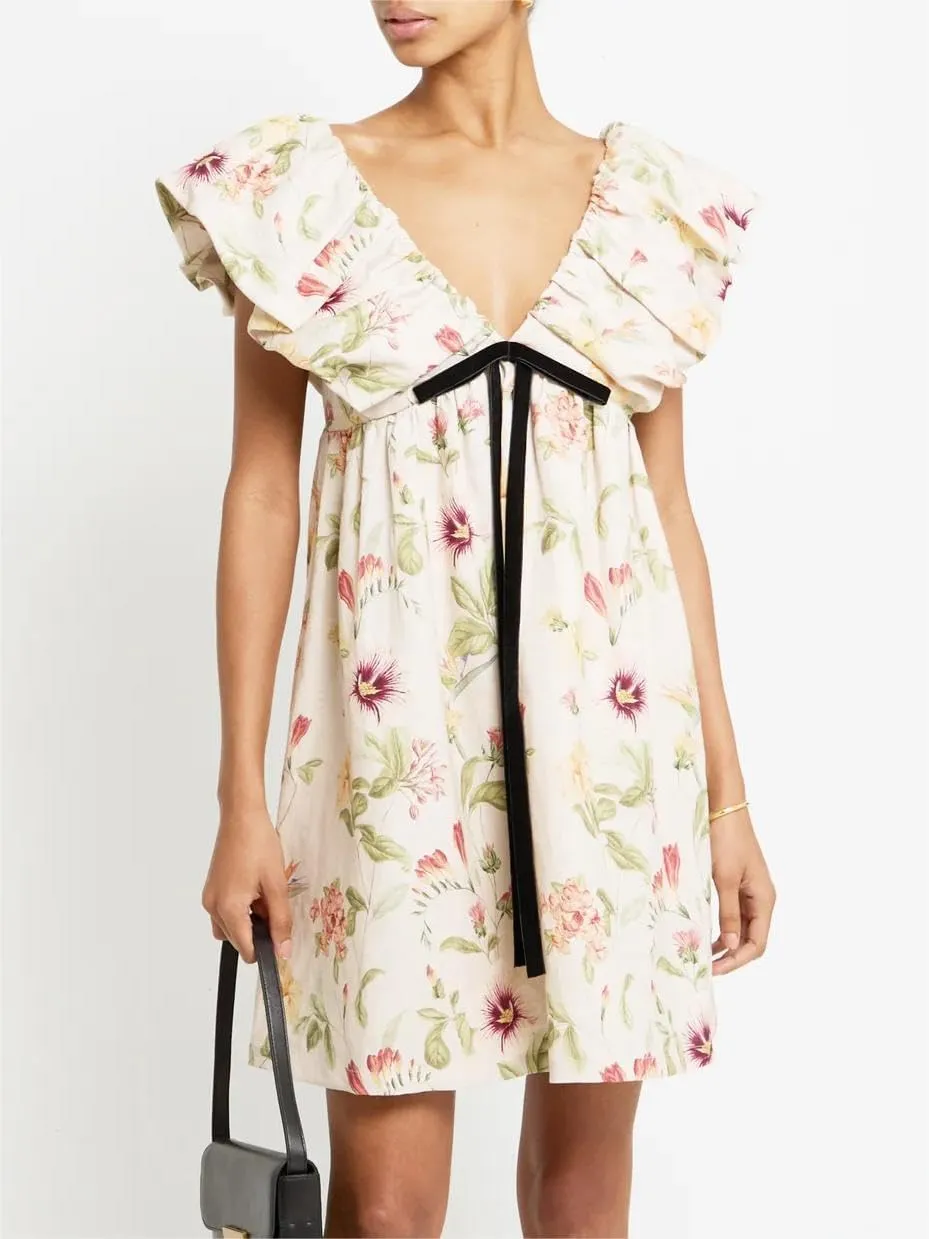 Women's Floral Print Bow Mini Dress Tie Front V Neck Puff Sleeve Dress Short Flower Babydoll Going Out Dress