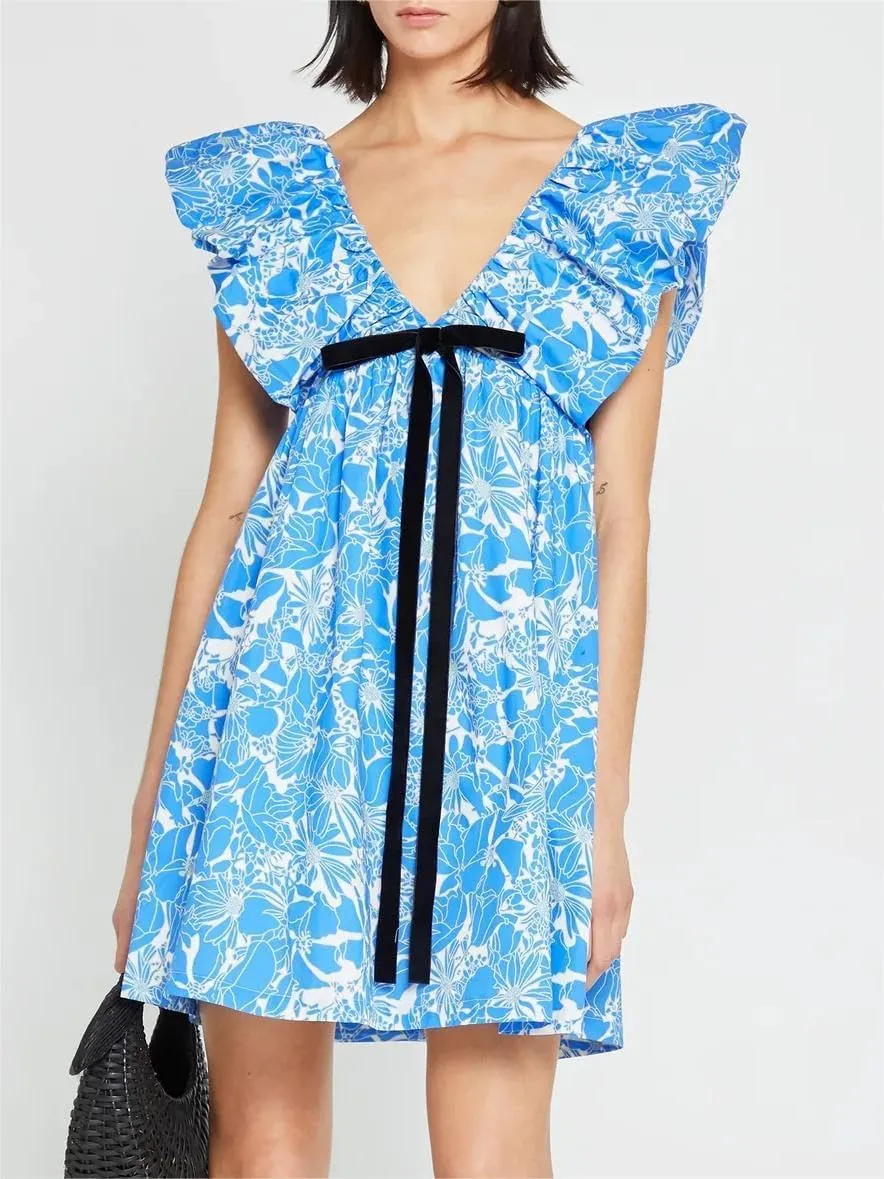 Women's Floral Print Bow Mini Dress Tie Front V Neck Puff Sleeve Dress Short Flower Babydoll Going Out Dress