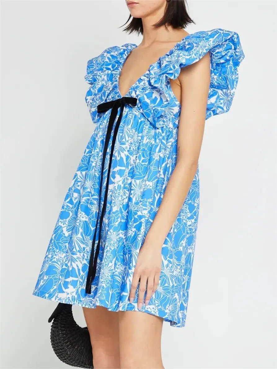 Women's Floral Print Bow Mini Dress Tie Front V Neck Puff Sleeve Dress Short Flower Babydoll Going Out Dress