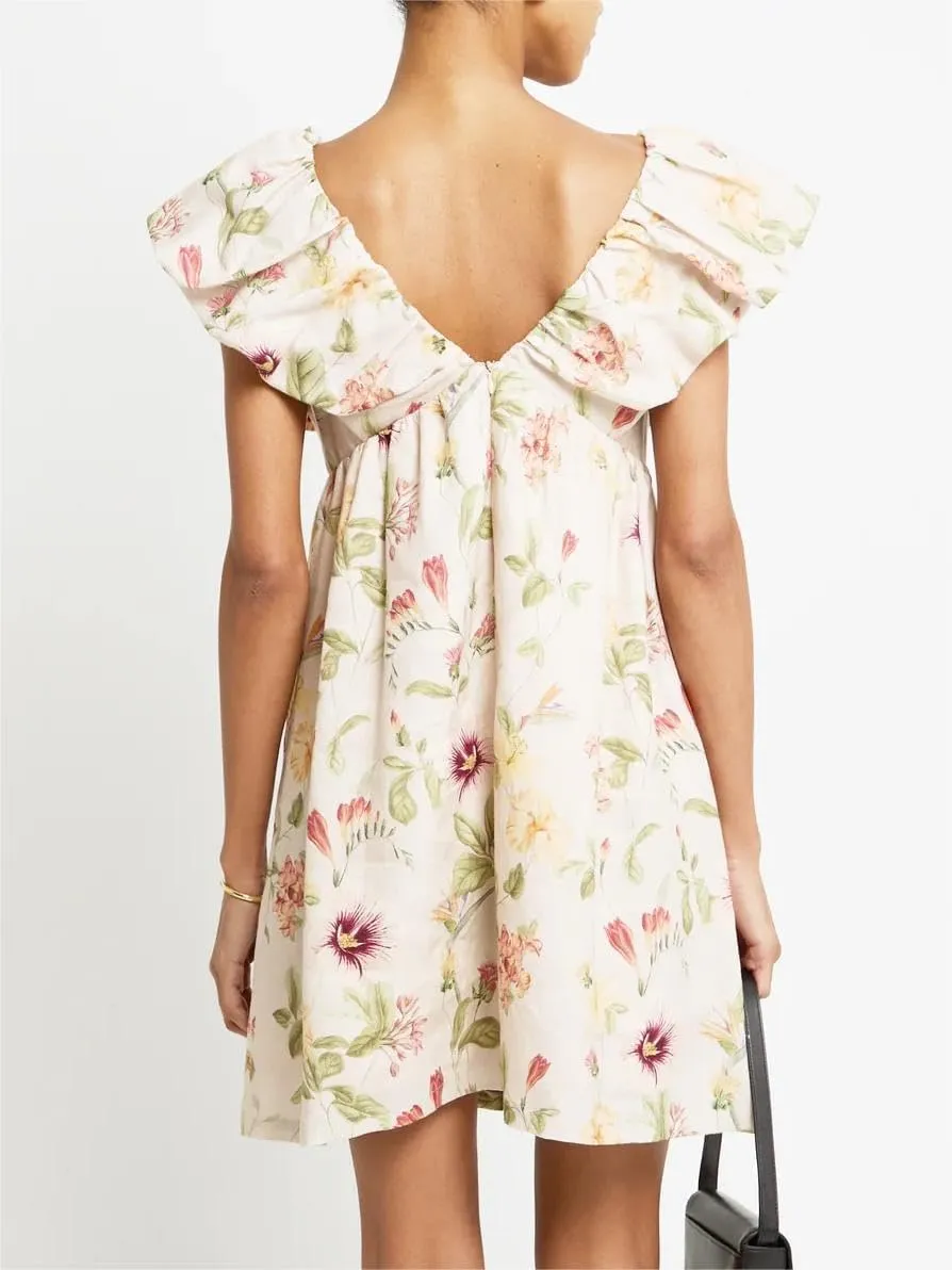Women's Floral Print Bow Mini Dress Tie Front V Neck Puff Sleeve Dress Short Flower Babydoll Going Out Dress