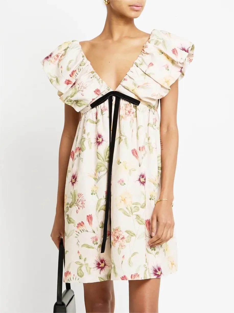 Women's Floral Print Bow Mini Dress Tie Front V Neck Puff Sleeve Dress Short Flower Babydoll Going Out Dress