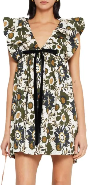 Women's Floral Print Bow Mini Dress Tie Front V Neck Puff Sleeve Dress Short Flower Babydoll Going Out Dress
