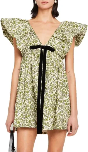Women's Floral Print Bow Mini Dress Tie Front V Neck Puff Sleeve Dress Short Flower Babydoll Going Out Dress