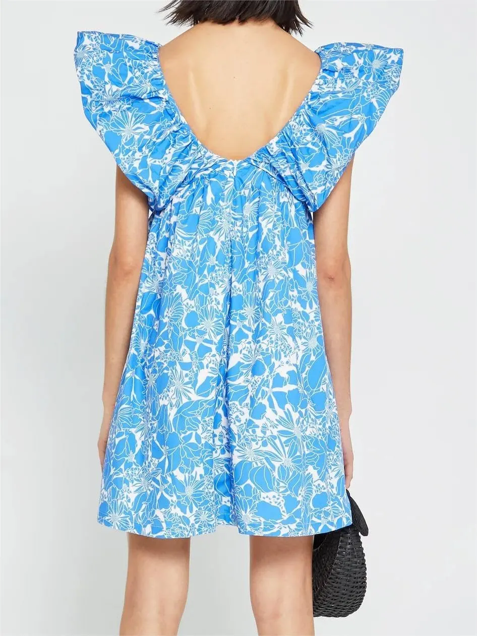 Women's Floral Print Bow Mini Dress Tie Front V Neck Puff Sleeve Dress Short Flower Babydoll Going Out Dress