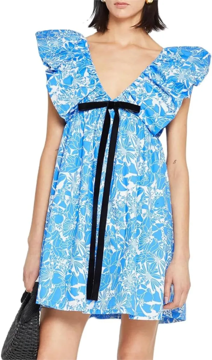 Women's Floral Print Bow Mini Dress Tie Front V Neck Puff Sleeve Dress Short Flower Babydoll Going Out Dress