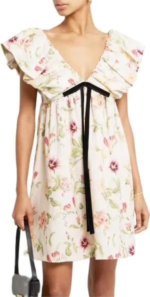 Women's Floral Print Bow Mini Dress Tie Front V Neck Puff Sleeve Dress Short Flower Babydoll Going Out Dress