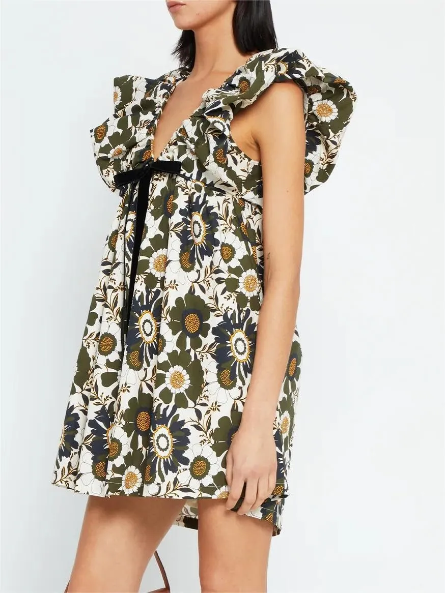 Women's Floral Print Bow Mini Dress Tie Front V Neck Puff Sleeve Dress Short Flower Babydoll Going Out Dress