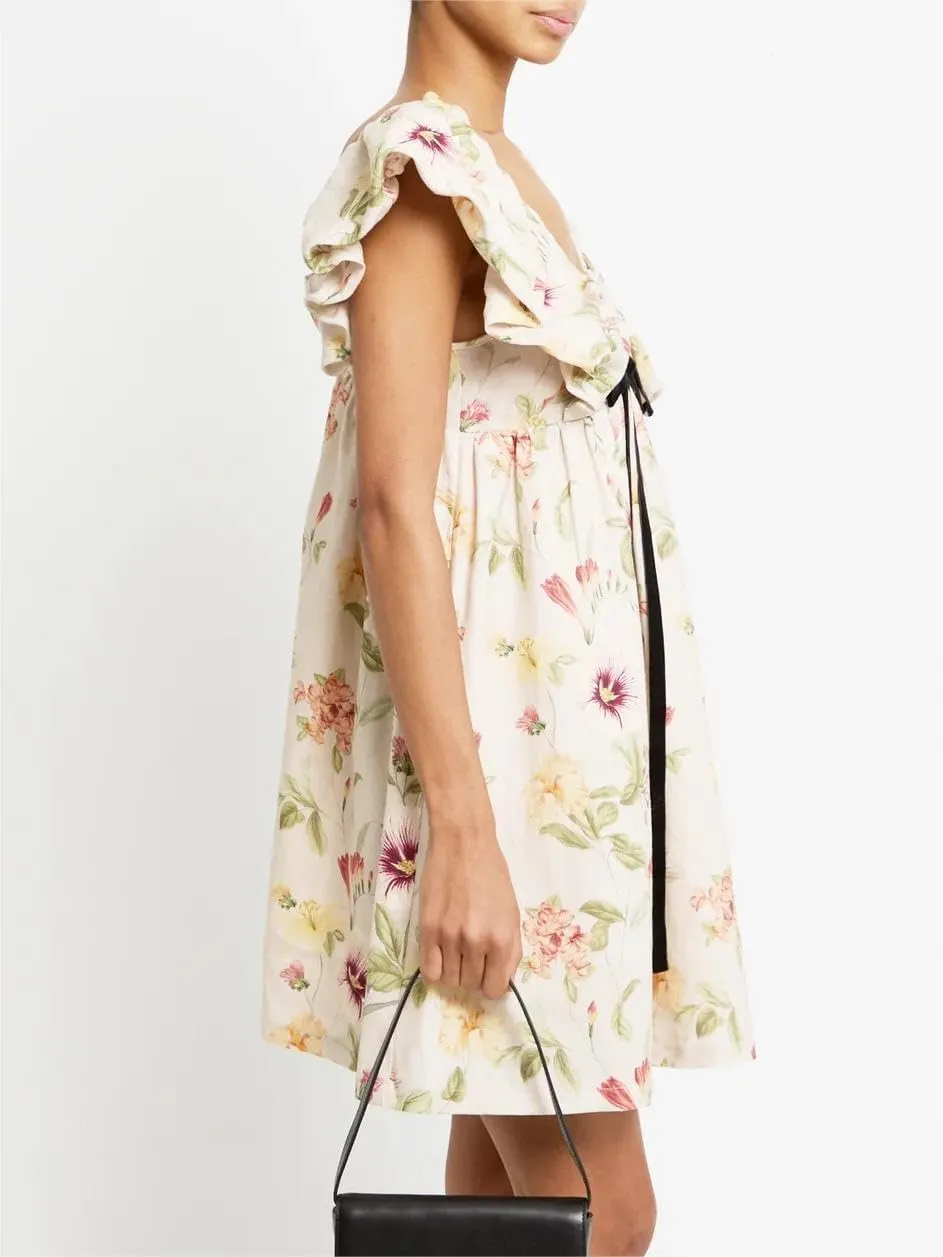 Women's Floral Print Bow Mini Dress Tie Front V Neck Puff Sleeve Dress Short Flower Babydoll Going Out Dress