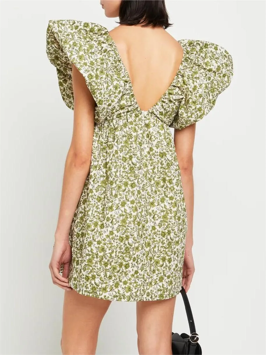 Women's Floral Print Bow Mini Dress Tie Front V Neck Puff Sleeve Dress Short Flower Babydoll Going Out Dress