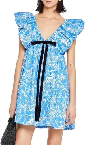 Women's Floral Print Bow Mini Dress Tie Front V Neck Puff Sleeve Dress Short Flower Babydoll Going Out Dress