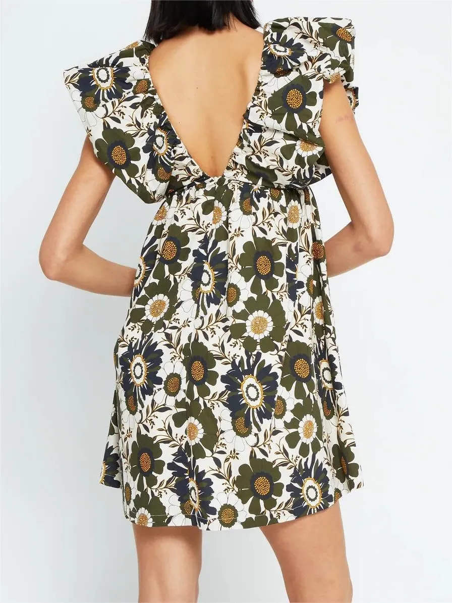 Women's Floral Print Bow Mini Dress Tie Front V Neck Puff Sleeve Dress Short Flower Babydoll Going Out Dress