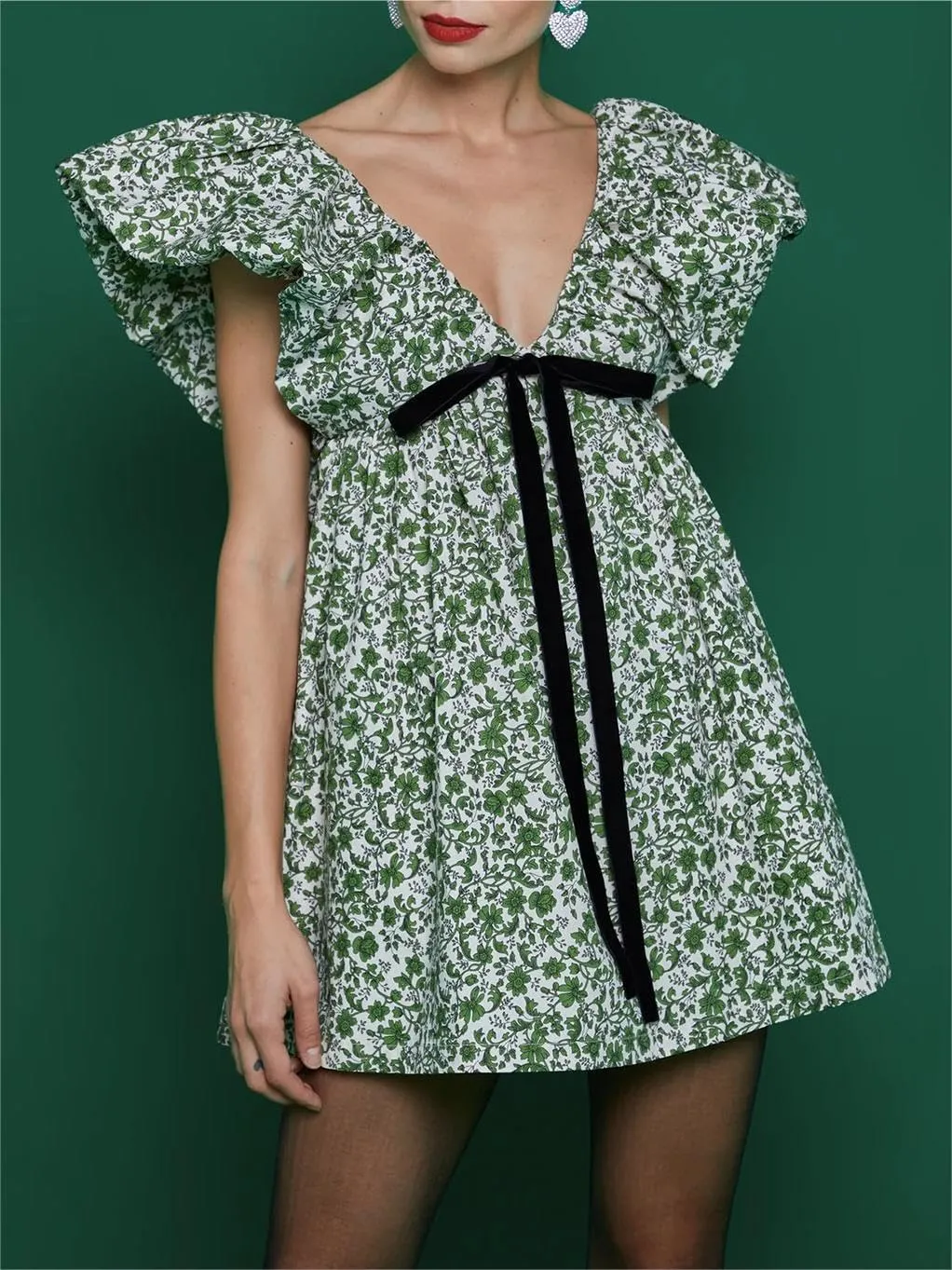 Women's Floral Print Bow Mini Dress Tie Front V Neck Puff Sleeve Dress Short Flower Babydoll Going Out Dress