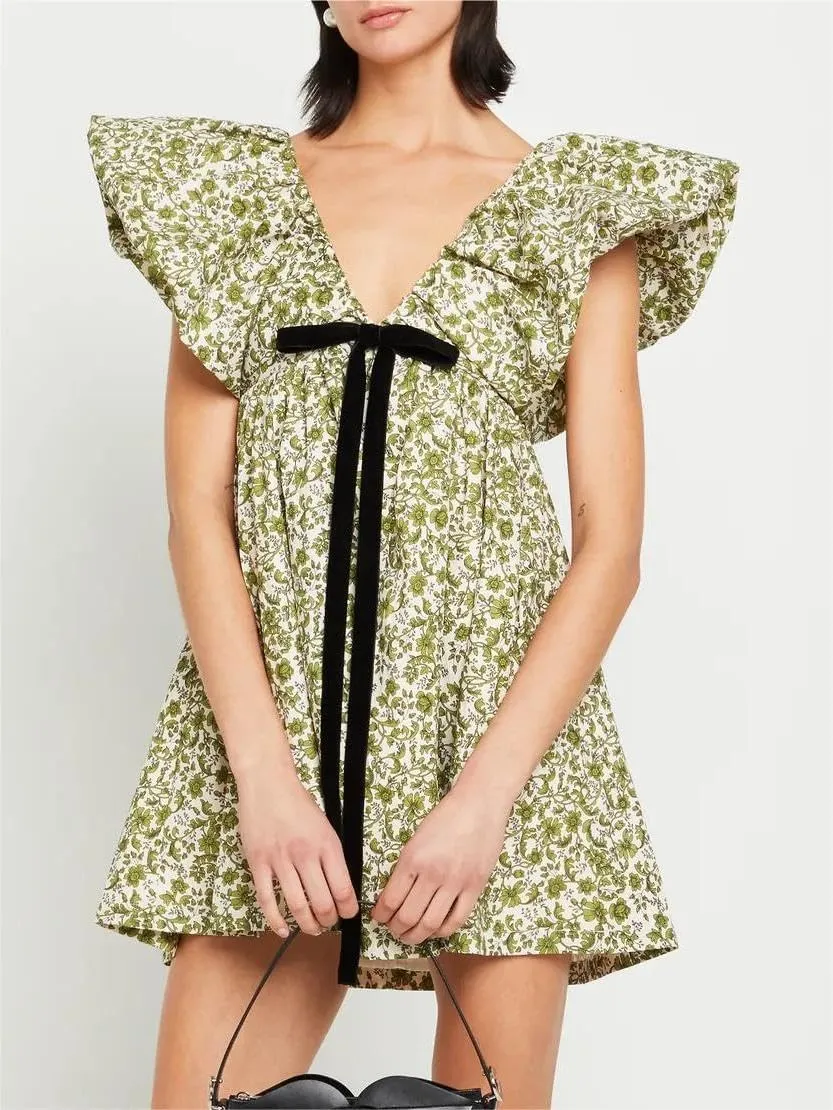 Women's Floral Print Bow Mini Dress Tie Front V Neck Puff Sleeve Dress Short Flower Babydoll Going Out Dress