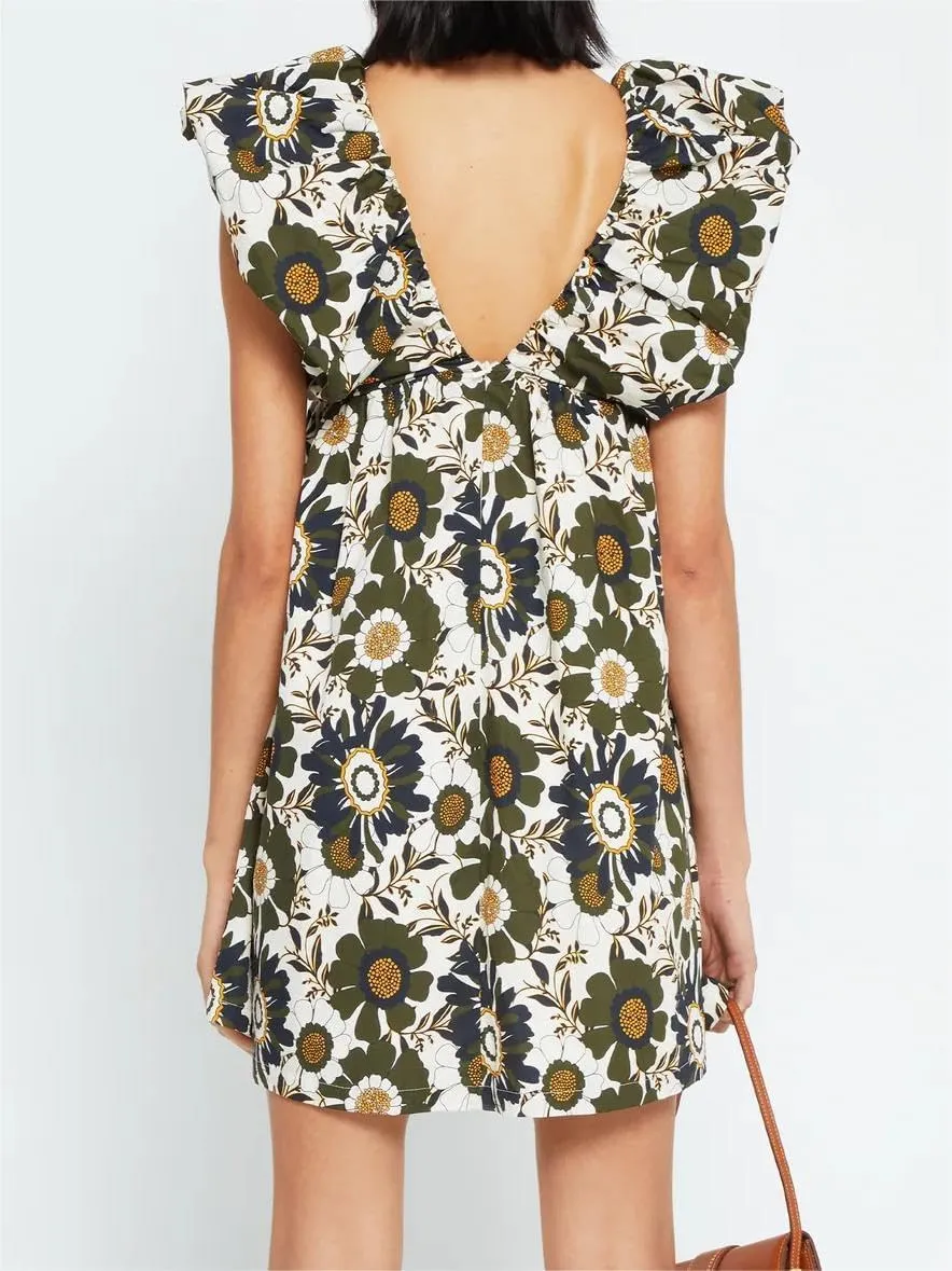 Women's Floral Print Bow Mini Dress Tie Front V Neck Puff Sleeve Dress Short Flower Babydoll Going Out Dress