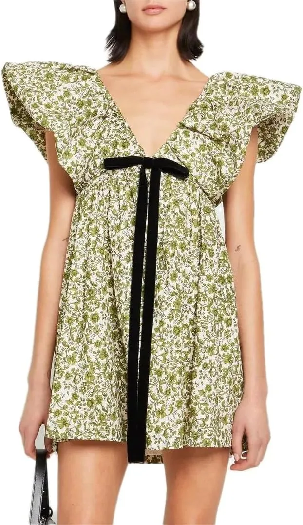 Women's Floral Print Bow Mini Dress Tie Front V Neck Puff Sleeve Dress Short Flower Babydoll Going Out Dress
