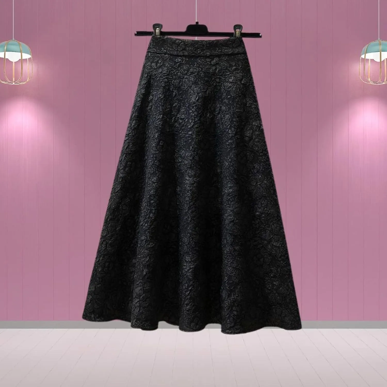 Womens Flower Jacquard High Waist Skirt Midi Swing Skirt Midi Skirt