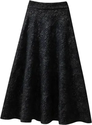 Womens Flower Jacquard High Waist Skirt Midi Swing Skirt Midi Skirt