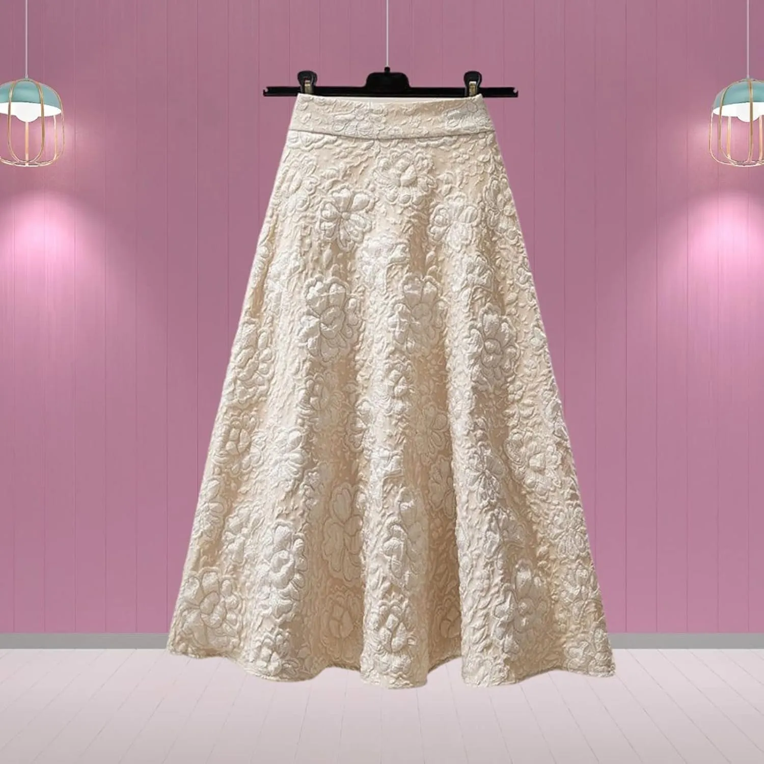 Womens Flower Jacquard High Waist Skirt Midi Swing Skirt Midi Skirt