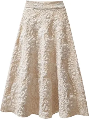 Womens Flower Jacquard High Waist Skirt Midi Swing Skirt Midi Skirt