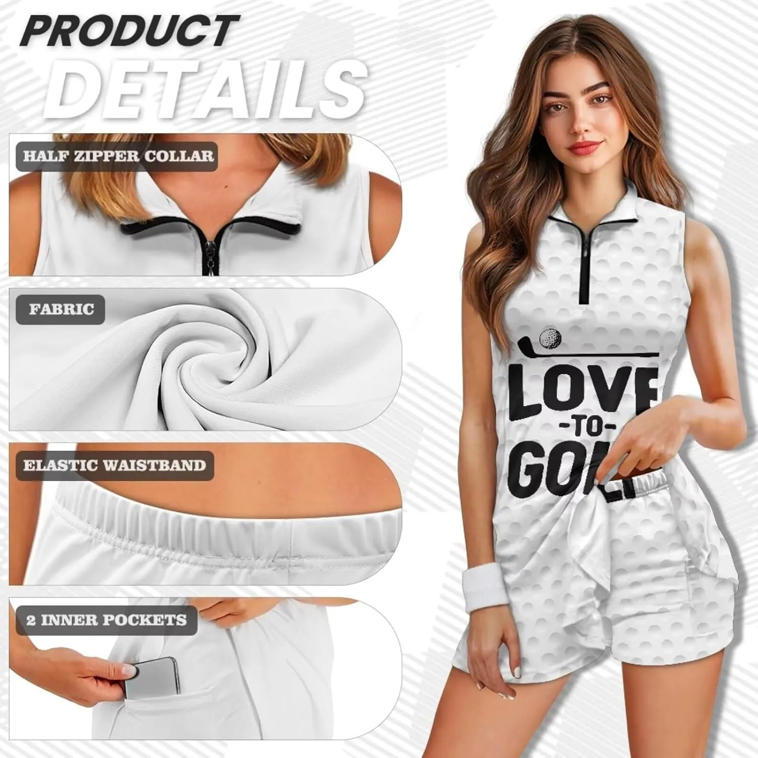 Women's Golf Shirt Shorts Set Sleeveless Half Zipper Collared Quick Dry Athletic Tennis Top Shirts for Women