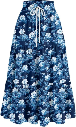 Women's High Elastic Waist Bohemian Midi Skirt - Pleated Ruffle A-Line Floral Skirt for Casual Wear