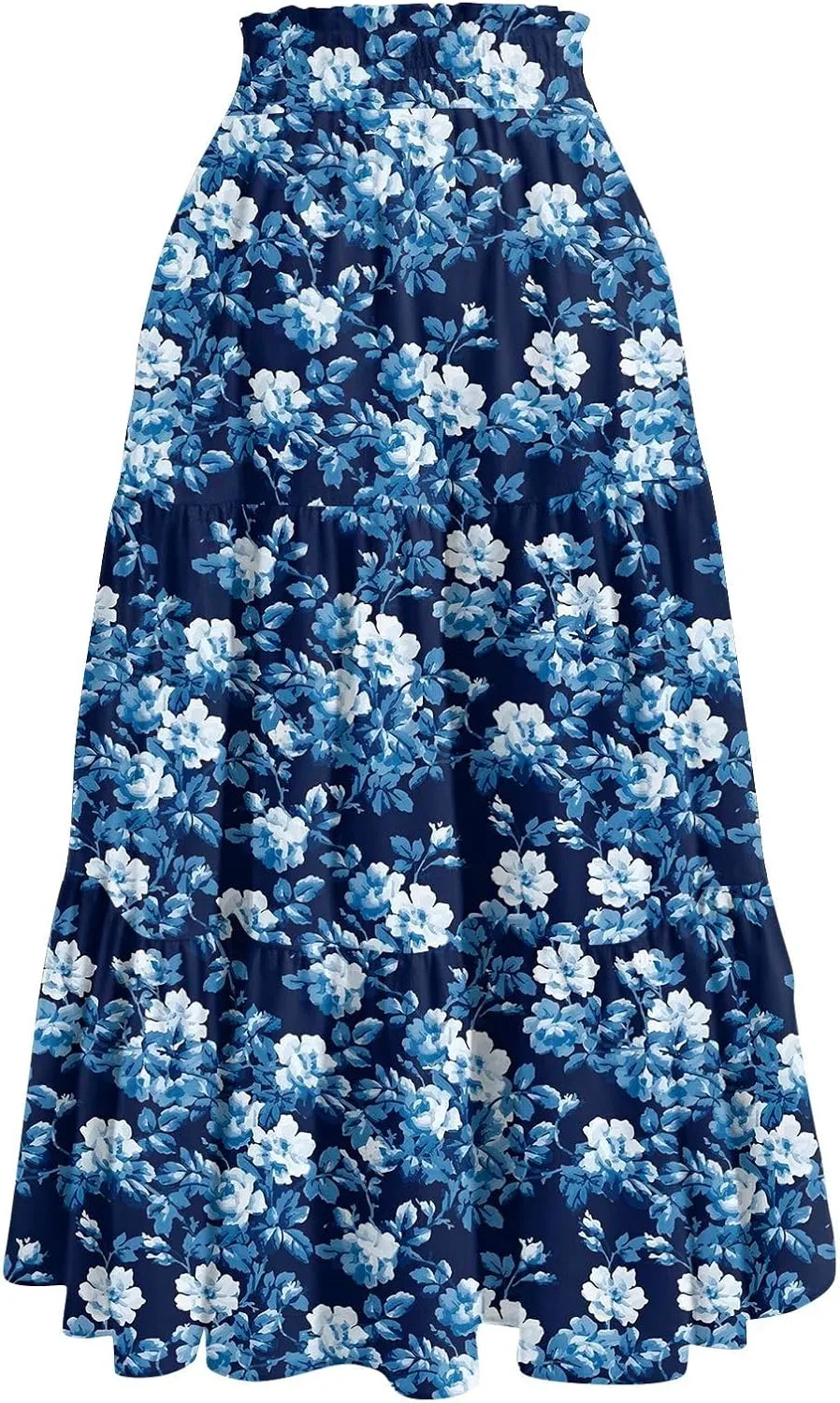 Women's High Elastic Waist Bohemian Midi Skirt - Pleated Ruffle A-Line Floral Skirt for Casual Wear