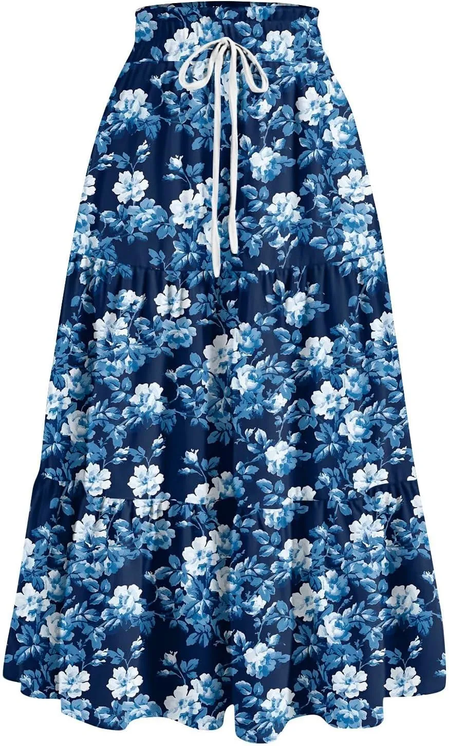 Women's High Elastic Waist Bohemian Midi Skirt - Pleated Ruffle A-Line Floral Skirt for Casual Wear
