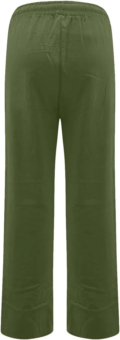 Womens High Waist Linen Pants Straight Leg Casual Loose Summer Beach Lightweight Drawstring Lounge Palazzo Trousers