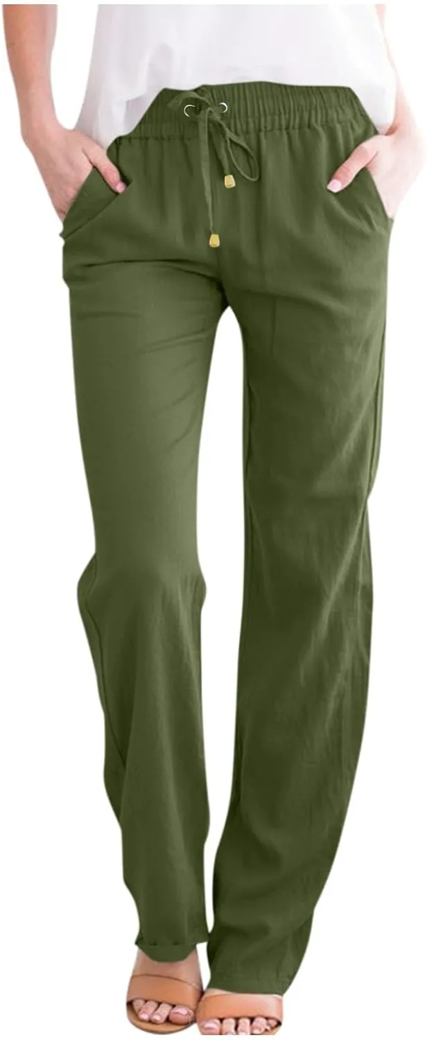 Womens High Waist Linen Pants Straight Leg Casual Loose Summer Beach Lightweight Drawstring Lounge Palazzo Trousers