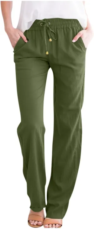 Womens High Waist Linen Pants Straight Leg Casual Loose Summer Beach Lightweight Drawstring Lounge Palazzo Trousers