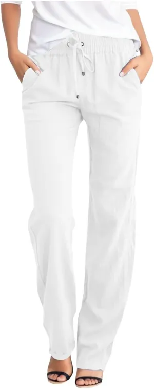 Womens High Waist Summer Linen Pants Baggy Straight Leg Casual Pants with Pockets Drawstring Comfy Lounge Trousers
