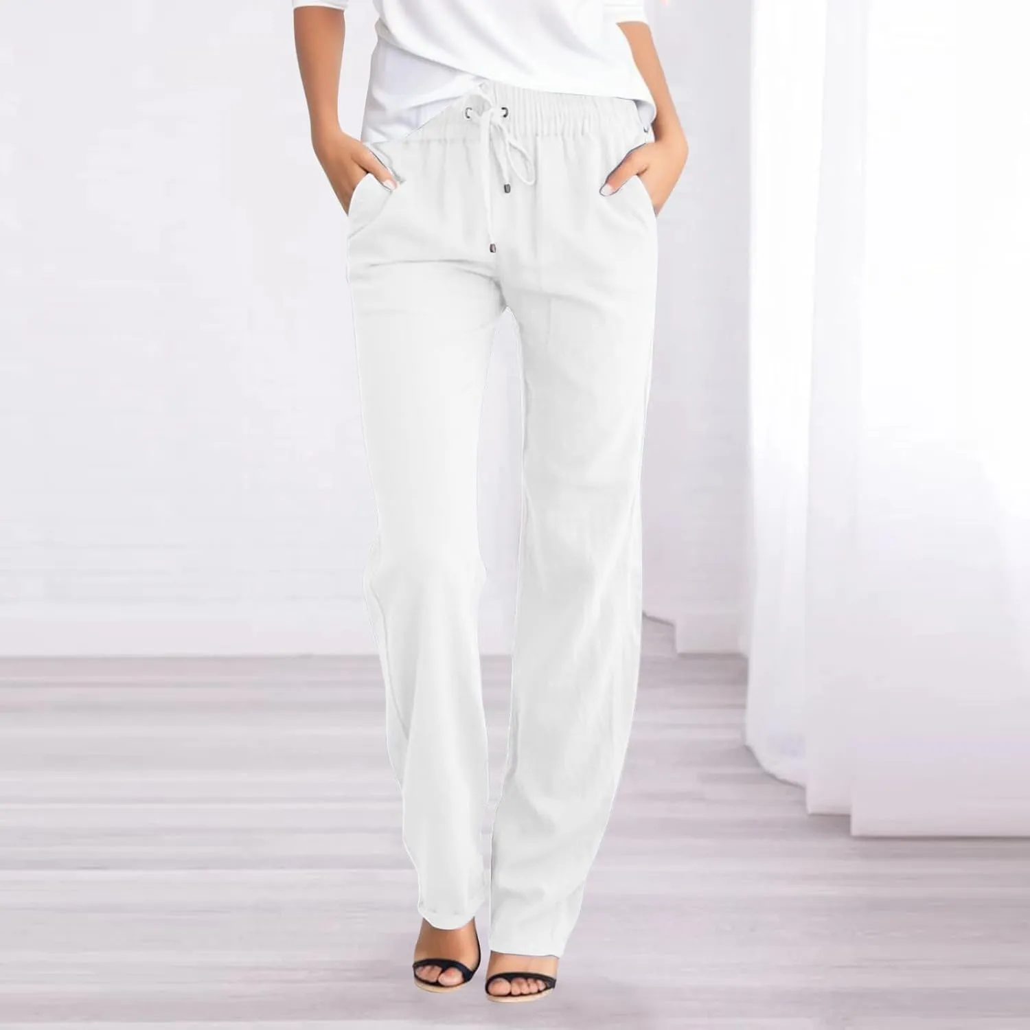 Womens High Waist Summer Linen Pants Baggy Straight Leg Casual Pants with Pockets Drawstring Comfy Lounge Trousers