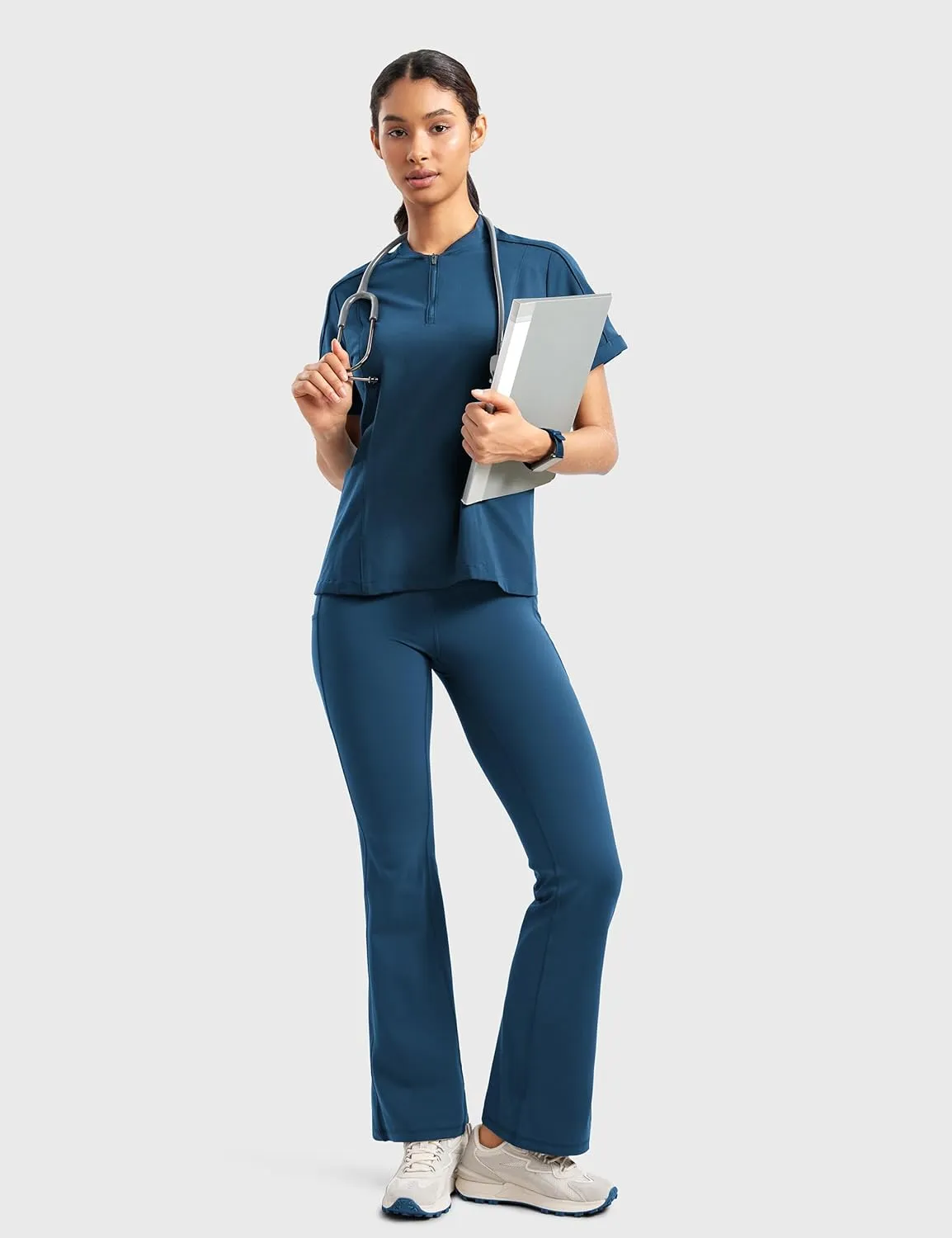 Womens High Waisted Medical Flare Scrub Pants 31" - 7 Pockets Wide Leg Bootcut Yoga Scrub Leggings Work Pants
