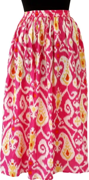 Women's Ikat Print Midi Skirt, Summer Boho Flowy Pink and Yellow Pattern, Cotton, A-Line Maxi Skirt 2025 Fashion Trendy Elastic Waist Pleated Long Beach Dress