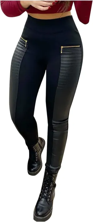 Women's Leather Pants Wide Leg Trousers Contrast Pants Leather Design High Faux Women's Waist Zipper Skinny (Black, XL) X-Large