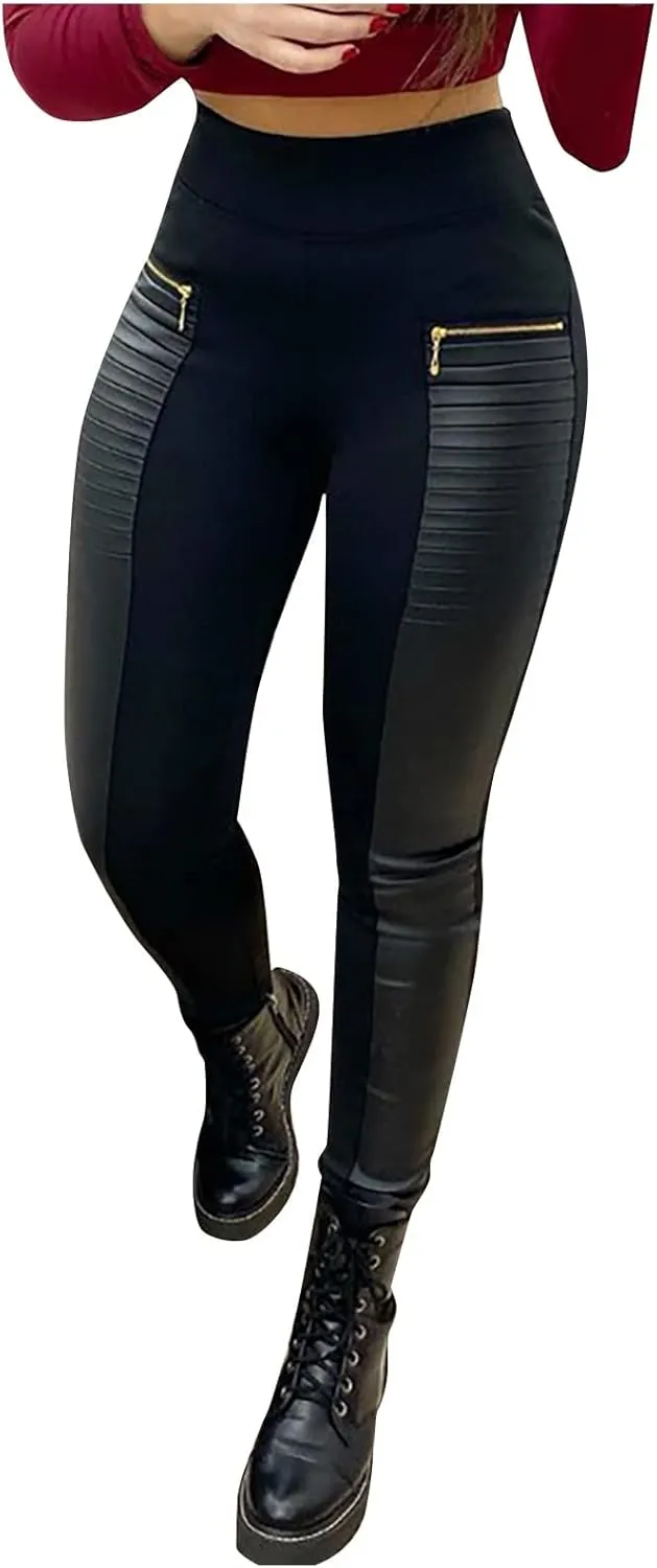 Women's Leather Pants Wide Leg Trousers Contrast Pants Leather Design High Faux Women's Waist Zipper Skinny (Black, XL) X-Large