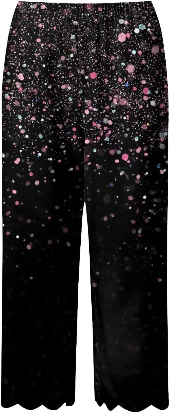 Womens Linen Capri Pants 2024 Summer Casual High Waist Drawstring Elastic Boho Floral Print Wide Leg Cropped Trousers