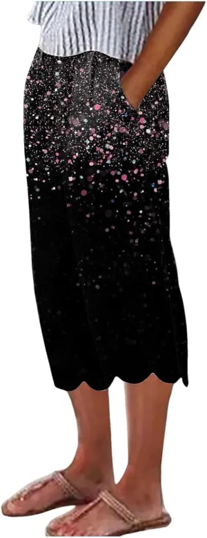 Womens Linen Capri Pants 2024 Summer Casual High Waist Drawstring Elastic Boho Floral Print Wide Leg Cropped Trousers