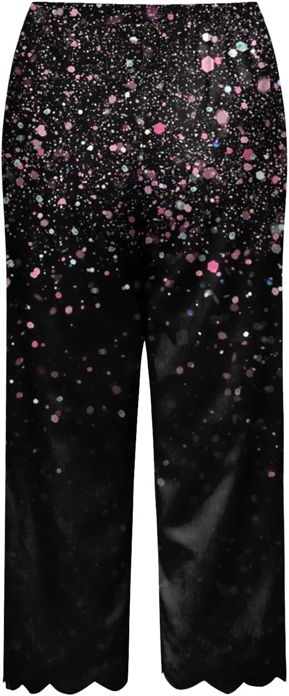 Womens Linen Capri Pants 2024 Summer Casual High Waist Drawstring Elastic Boho Floral Print Wide Leg Cropped Trousers