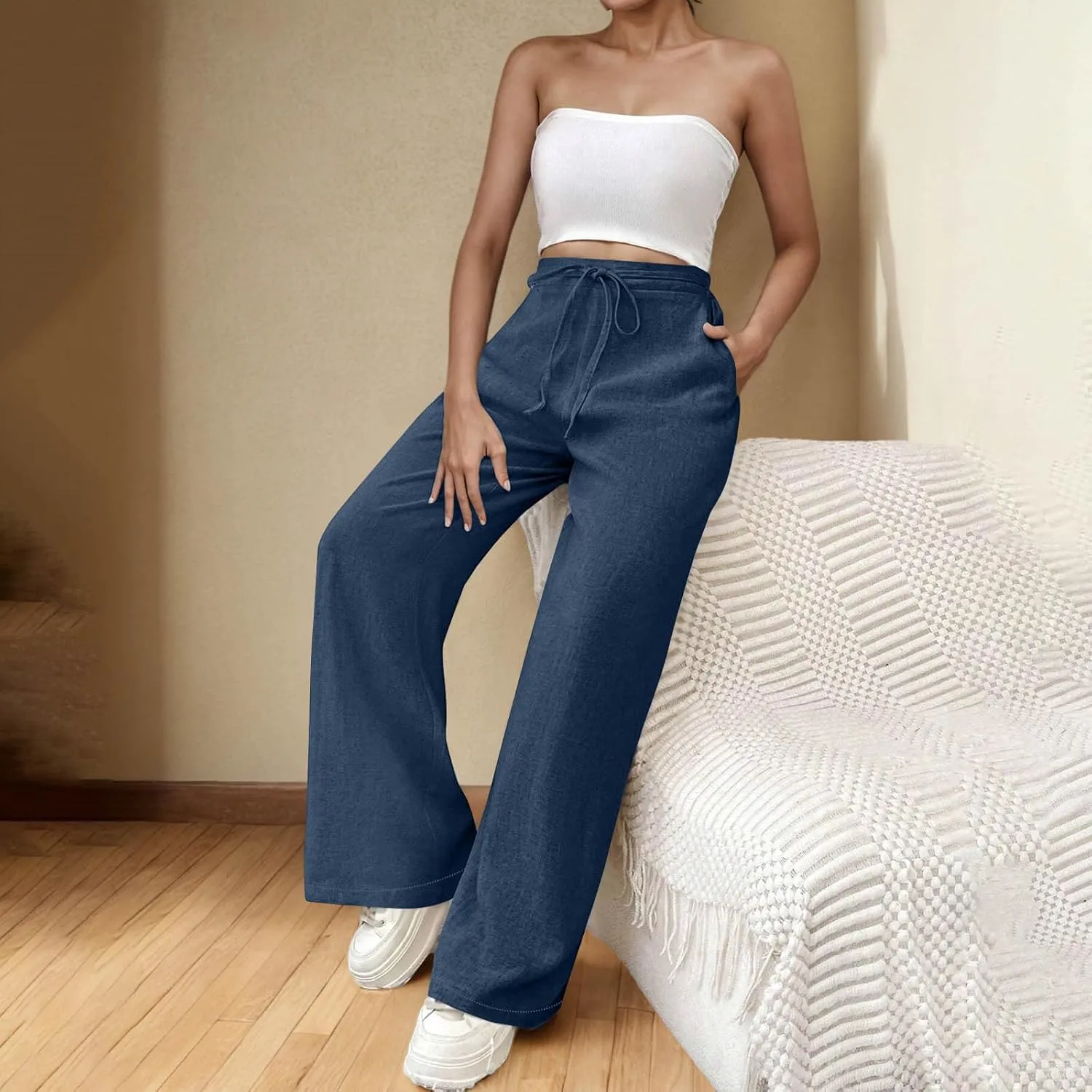 Women's Linen Casual High Waist Wide Leg Straight Dress Cotton Linen Pants Button Trousers Summer Outfits 2025 Trendy