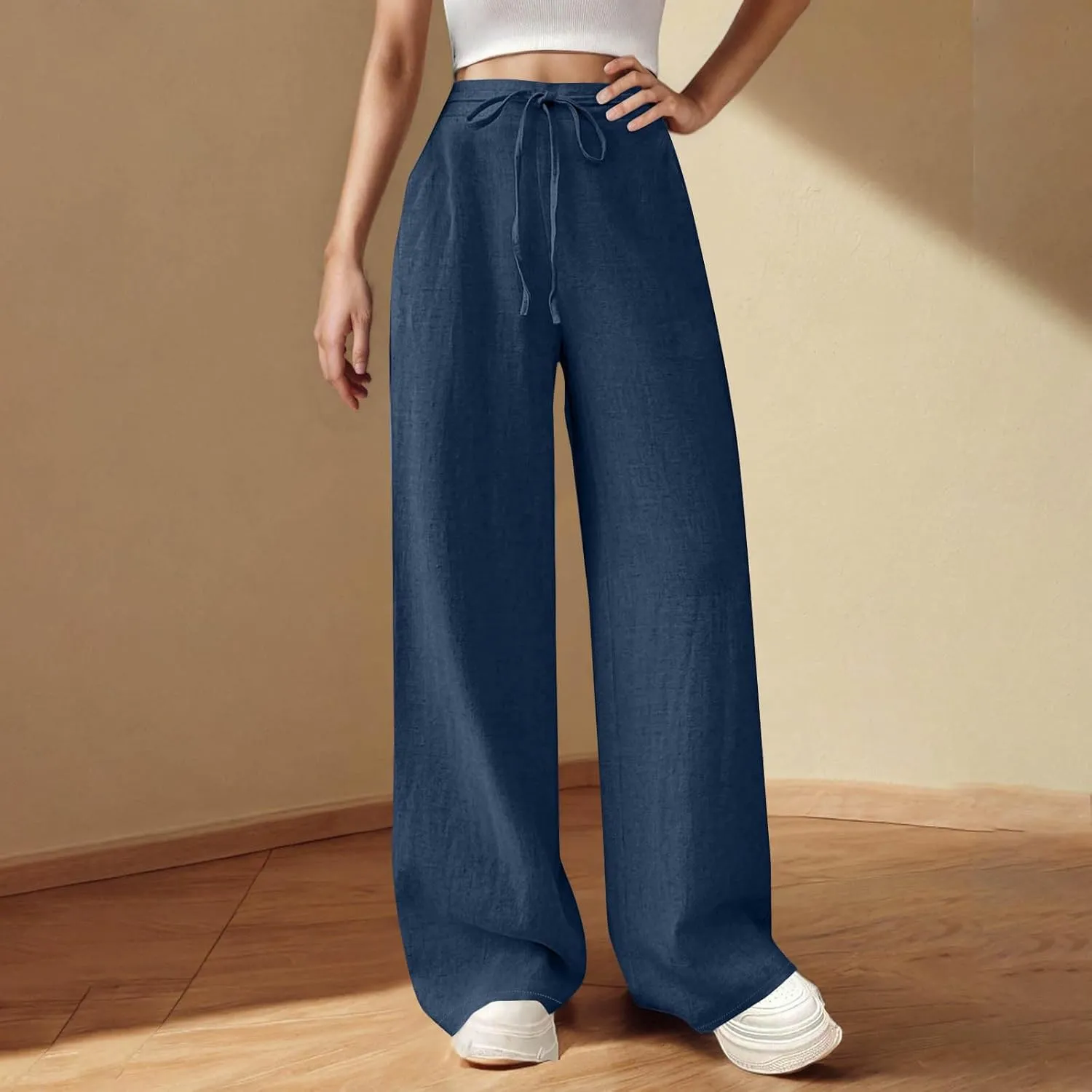 Women's Linen Casual High Waist Wide Leg Straight Dress Cotton Linen Pants Button Trousers Summer Outfits 2025 Trendy