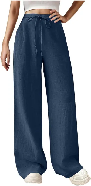 Women's Linen Casual High Waist Wide Leg Straight Dress Cotton Linen Pants Button Trousers Summer Outfits 2025 Trendy