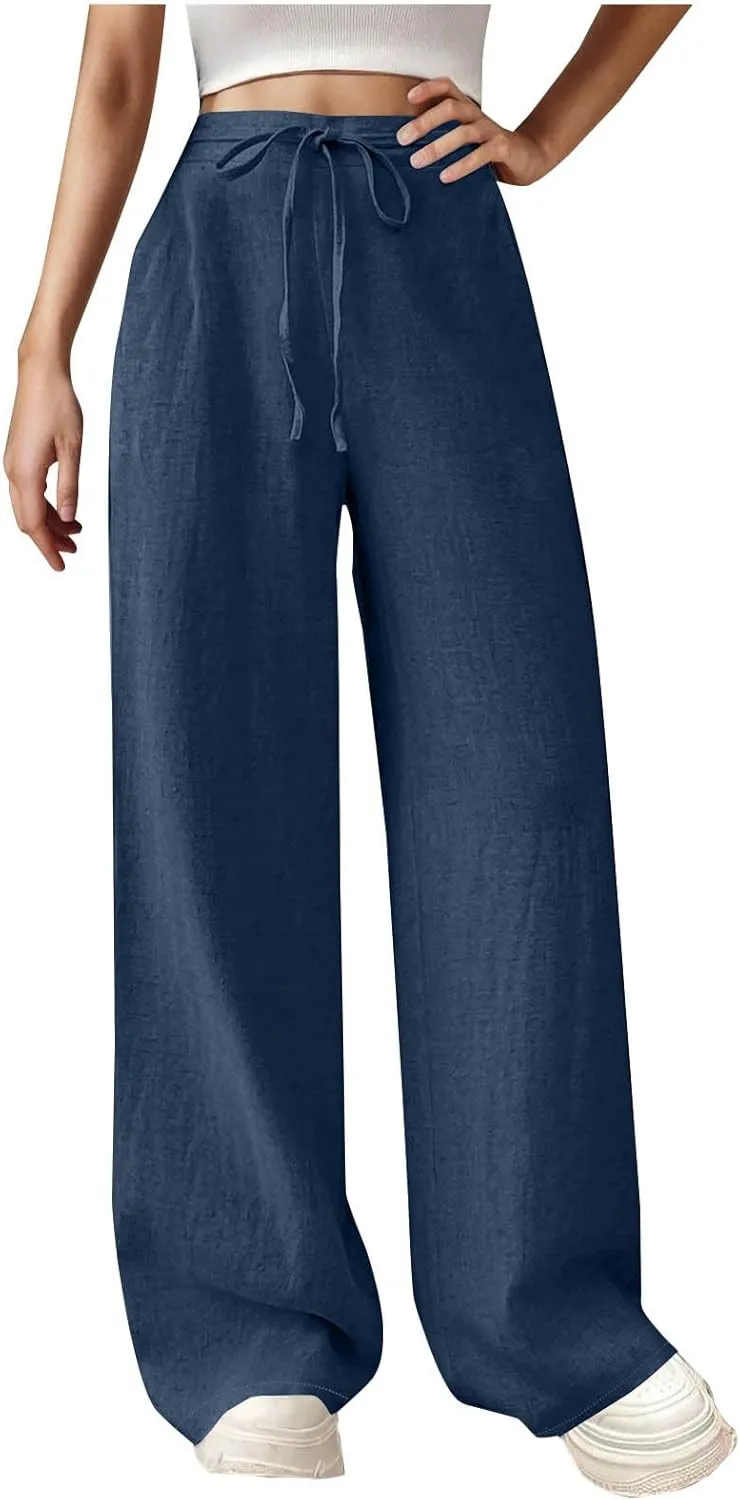 Women's Linen Casual High Waist Wide Leg Straight Dress Cotton Linen Pants Button Trousers Summer Outfits 2025 Trendy